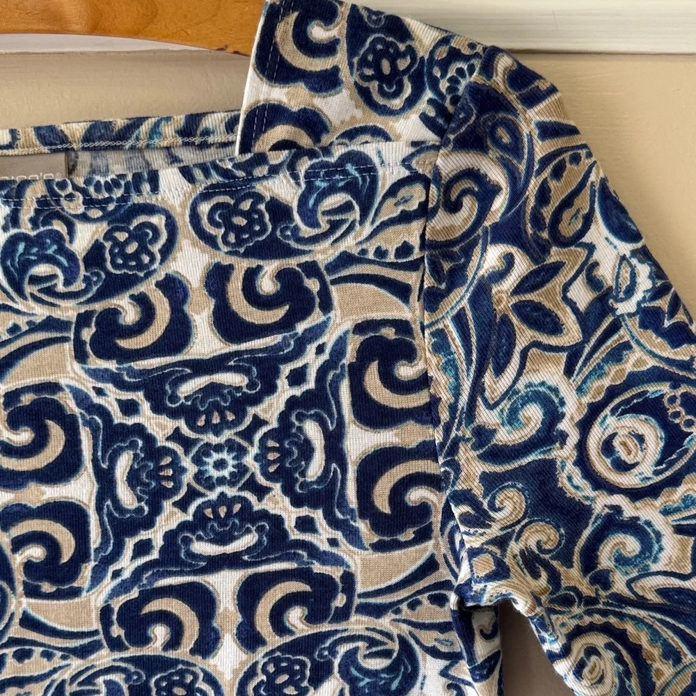 Chico's Navy and White Patterned Boatneck 3/4 Sleeve Top - Picture 5 of 7